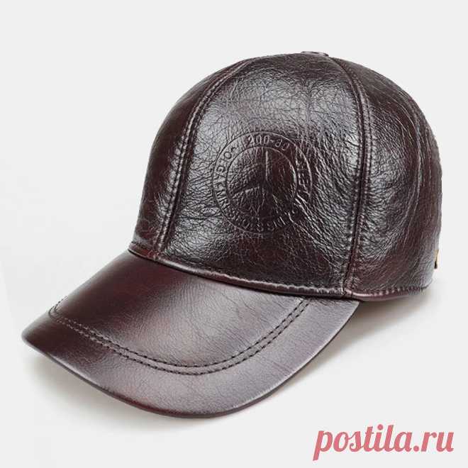 Men Genuine Leather Round Top Casual Adjustable Ear Protection Large Brim Baseba - US$36.99