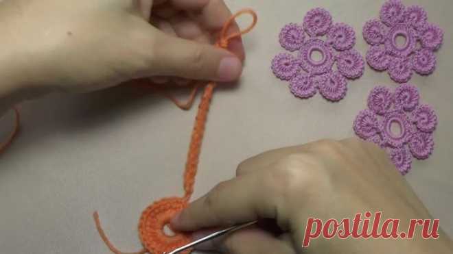 Урок вязания.Как связать цветок крючком с лепестками из гусенички. Irish lace.