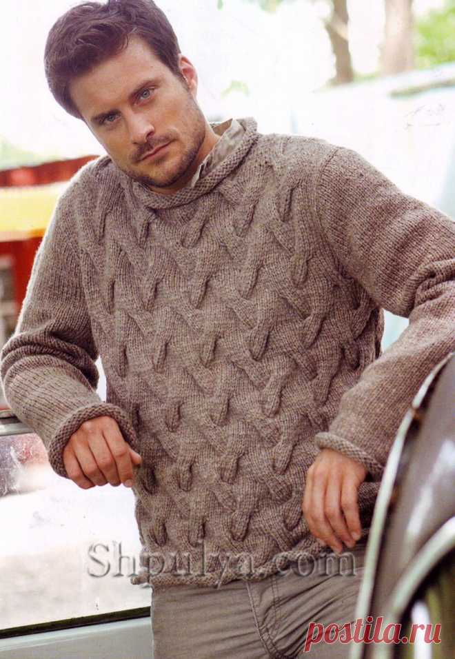Бежевый мужской пуловер с узором косы спицами - SHPULYA.com