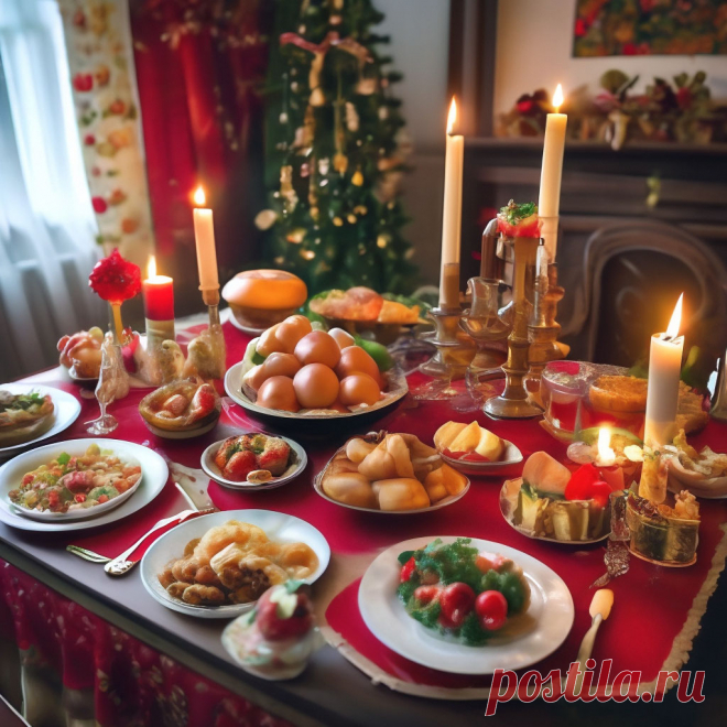 Шедеврум — приложение для генерации картинок с помощью нейросети русский новогодний стол с разной едой