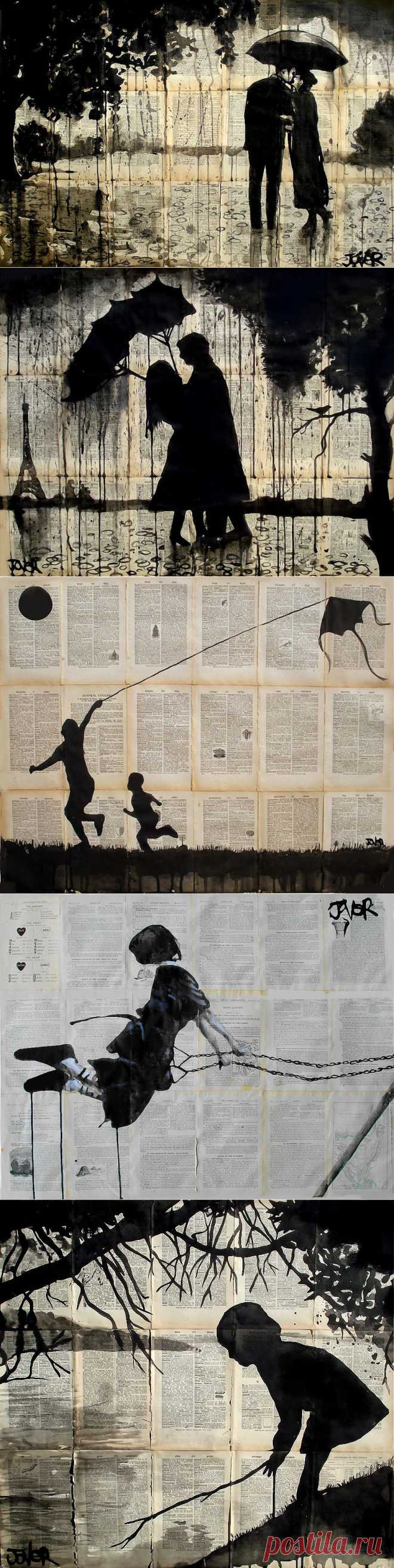 Чернильные рисунки от Loui Jover
Австралийский иллюстратор Loui Jover рисует тушью (или чернилами) на полотнах, созданных из старых книжных страниц