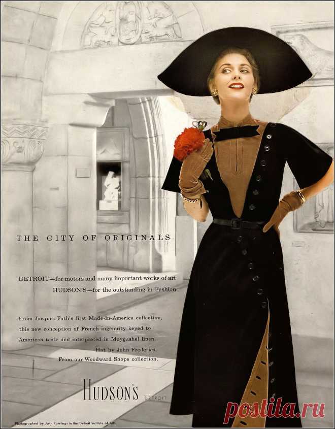 Ricki VanDusen, photo by John Rawlings in the Detroit Institute of Arts, Harper's Bazaar, April 1949