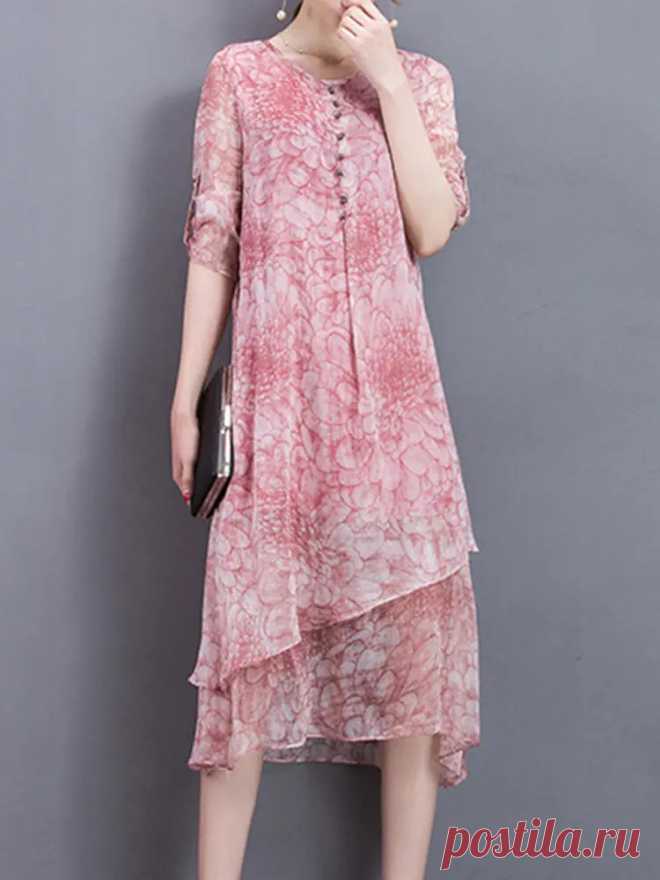 Women Half Sleeve Printed Loose O-neck Irregular Silk Dresses - US$30.55