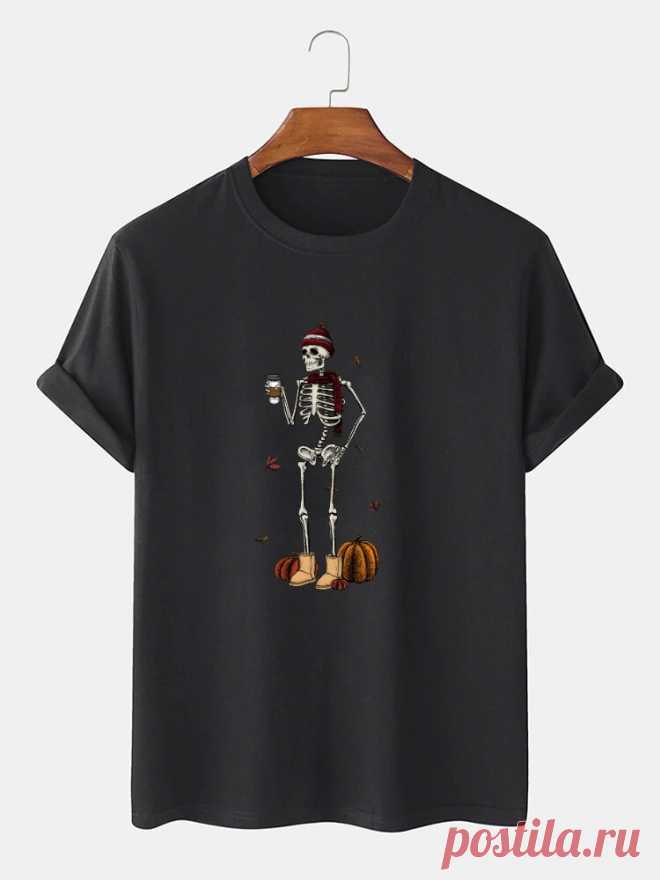 100% Cotton Mens Funny Pumpkin Skeleton Print Halloween Short Sleeve T-Shirts - US$12.99
