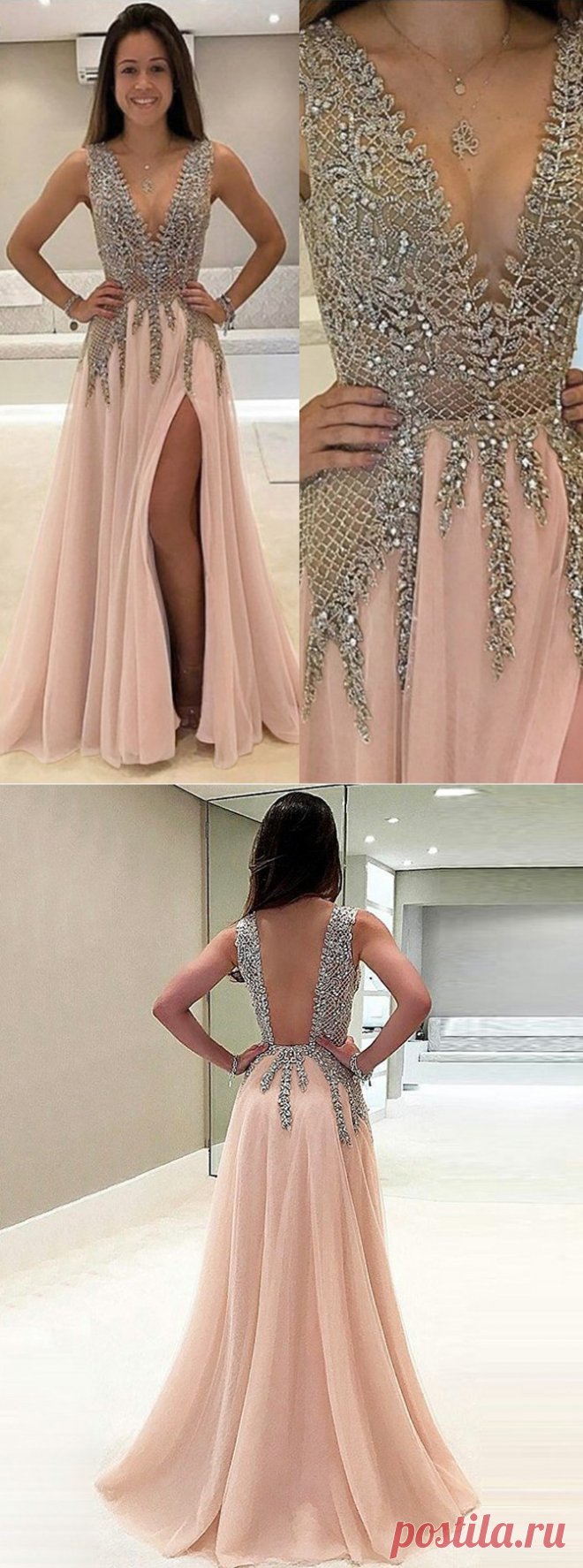 A-Line Deep V-Neck Sweep Train Sleeveless Pink Tulle Prom Dress with Beading - Special Occasion Dresses - US$ 169.99 | Simple-dress.com