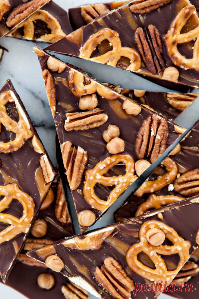 Dark Chocolate Turtle Pretzel Bark | Good Life Eats