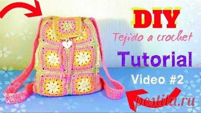 MOCHILA TEJIDA A CROCHET PASO A PASO CON CUADROS GRANNY VIDEO #2