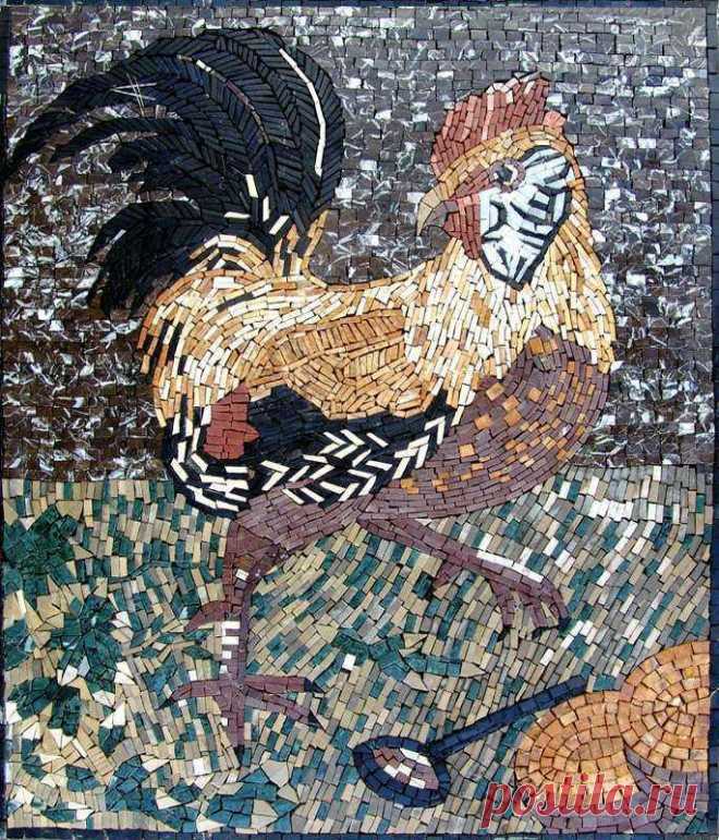 Mosaic Designs - Rooster An authentic hand-made marble mosaic of a colorful rooster. It is composed of all natural stones and hand cut art tiles and can perfectly be used as a kitchen back splash. Decorate your indoor or outdoor spaces with this unique mosaic design. Mosaic Uses: Floors Walls or Tabletops both Indoor or Outdoor as well as wet places such as showers and Pools.