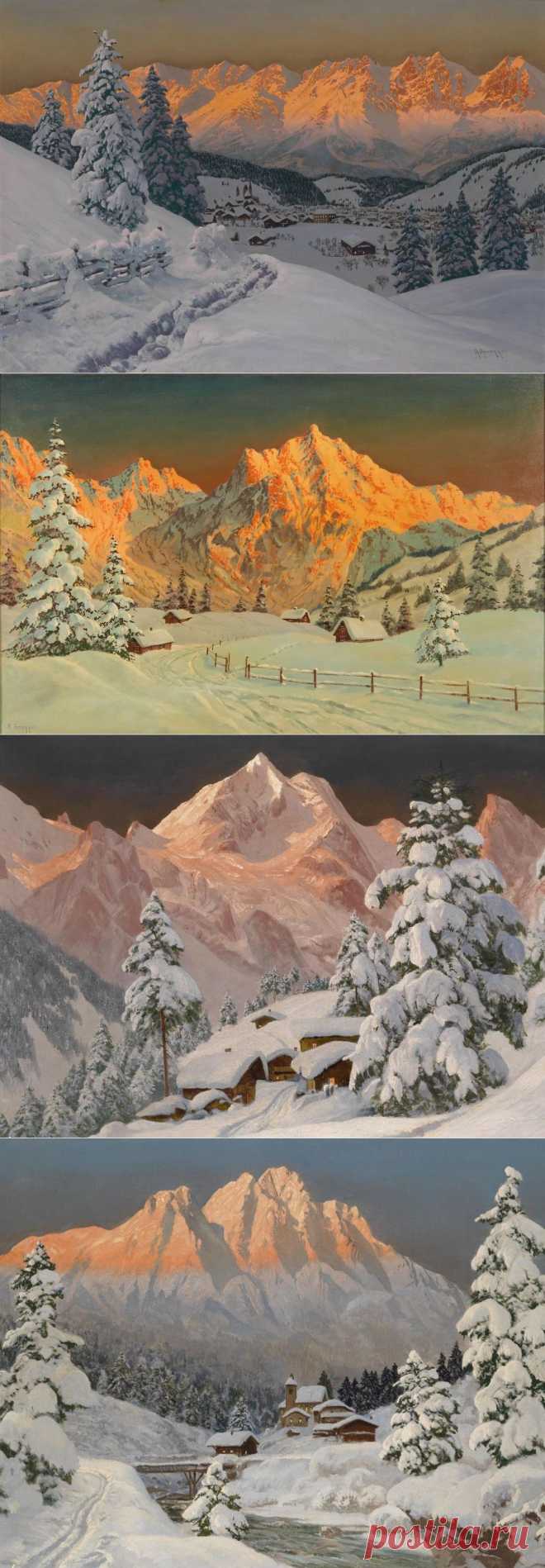 Alois Arnegger * (Vienna 1879-1963) | Там небо встретилось с землёй, И белой шалью ледяной, Сиреневым и синим снегом Вершины гор укрыло небо..