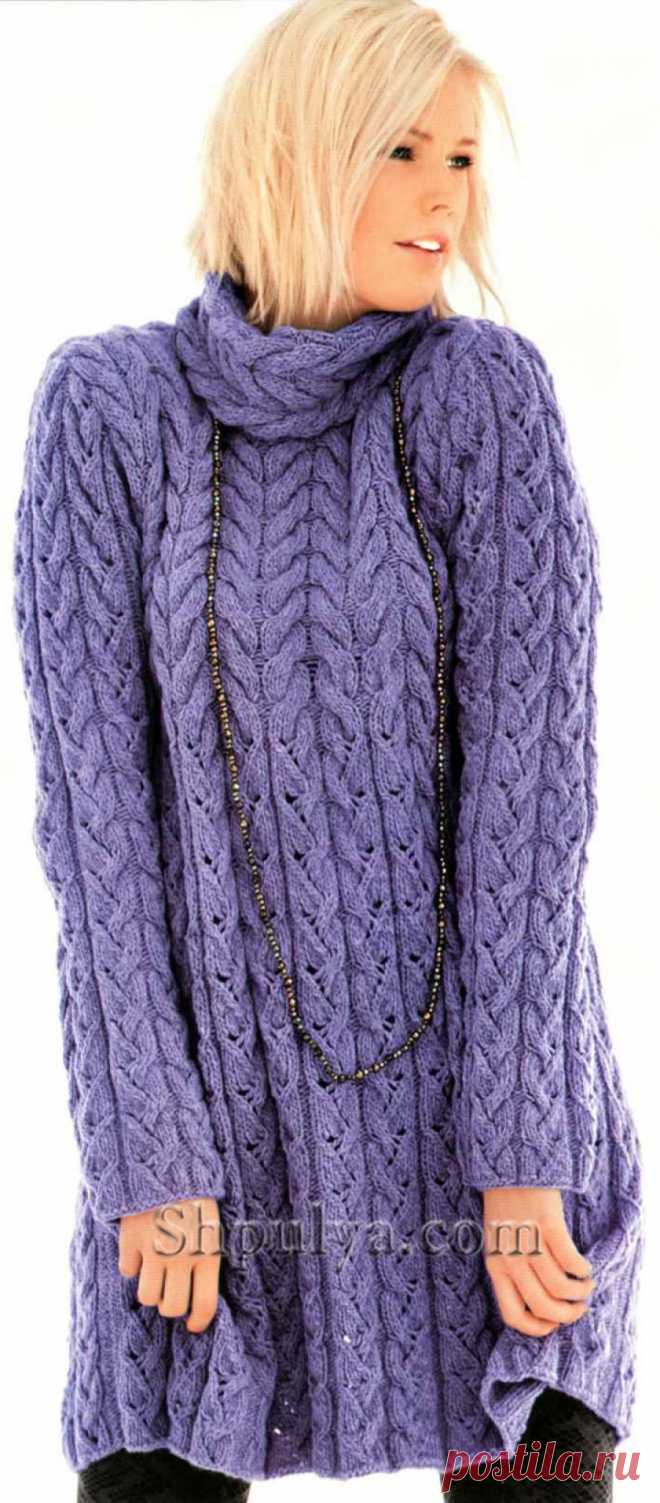 www.SHPULYA.com - Сиреневое платье с узором из кос спицами