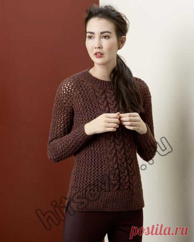 Сетчатый пуловер с косами - Хитсовет Сетчатый пуловер с косами. Стильная модель сетчатого пуловера с косами и удлиненной спинкой для женщин со схемой и бесплатным описанием вязания. Вам потребуется: 300 (350, 400, 450) грамм бордовой пряжи LANG YARNS MILA