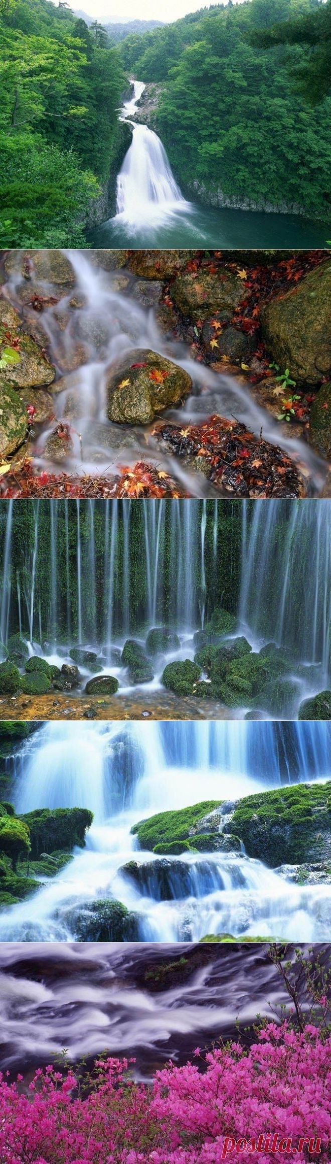 Японские водопады. Подсчитано, что в Японии есть 2488 водопадов высотой не менее 5 м. К этому надо добавить, что по старой религиозной традиции японцы считают водопады местом обитания духов. Чем выше и грознее водопад, тем мощнее и почтеннее божество, выбравшее это место для своего обитания. Отсюда и глубочайшее уважение людей к "водяным драконам".