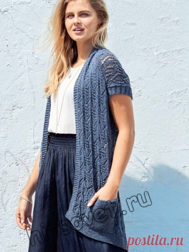 Летний жилет спицами - Хитсовет Вязание бесплатно спицами для женщин летнего удлиненного жилета со схемой и пошаговым бесплатным описанием.