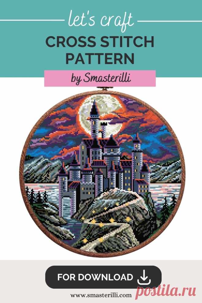 Dracula's castle cross stitch pattern. moon night landscape with vampire castle by Smasterilli. Digital cross stitch pattern for instant download. Medieval Castle Pattern. Enchanted Castle Embroidery