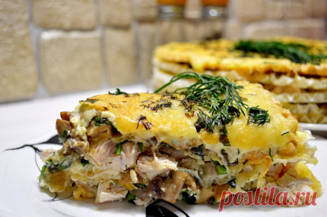 Закусочный торт Наполеон с курицей и грибами рецепт с фото и видео - 1000.menu