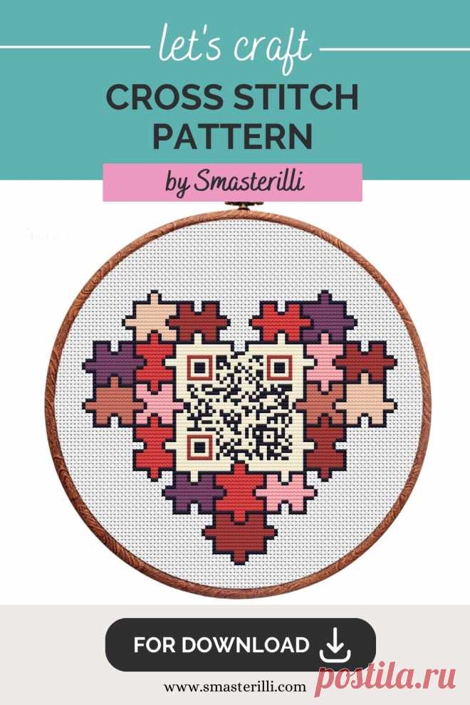 Heart cross stitch pattern with QR code , I love you phrase for Valentine's day gift by Smasterilli. Digital cross stitch pattern for instant download.