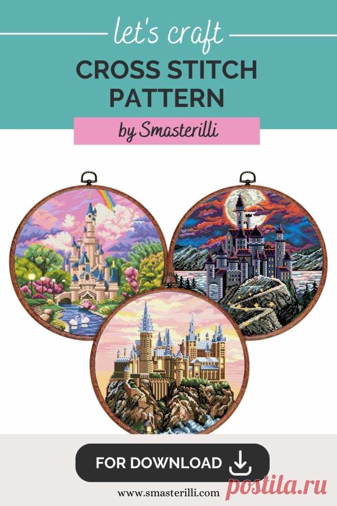 Fantasy castles cross stitch pattern PDF, set of three castles with landscapes. Digital cross stitch pattern for instant download. Medieval Castle Pattern. Enchanted Castle Embroidery