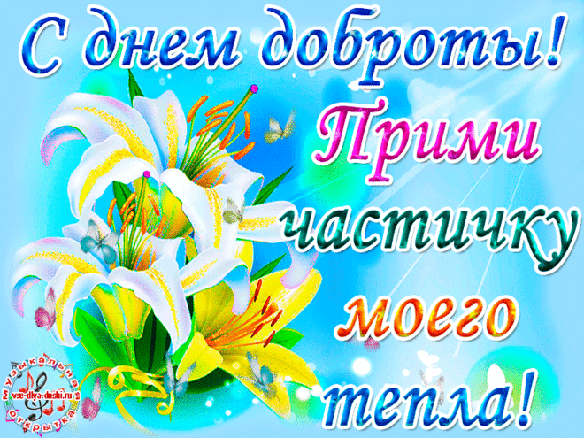 С днем доброты!
http://vse-dlya-dushi.ru/s-dnem-dobroty/   
Поздравляю с Днем доброты!  😍 💖 😍   
Пусть доброты будет больше, больше, еще больше! Много, как воздуха, как солнца белым днем, как звезд на бархате небесном ночью! Делись ею щедро с миром, и принимай в сердце без оглядки! Пусть она украсит твою жизнь и напитает счастьем, как быстрый дождь питает мир в жаркий летний день!