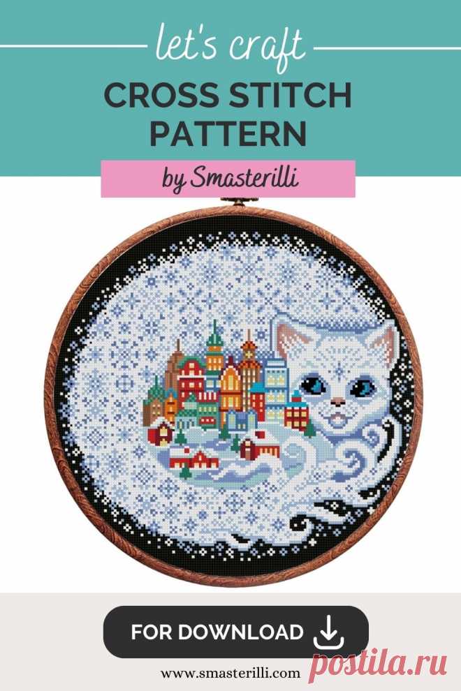 Snow cat spirit with city cross stitch pattern PDF by Smasterilli, white christmas cat embroidery design. Digital cross stitch pattern for instant download. Cat Lover's Gift idea for handmade craft. Christmas handmade crafts