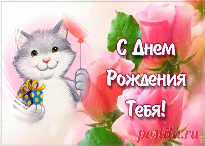 Открытка с днем рождения девочке с котиком - оригинальное поздравление для любимой имениницы. Красивая открытка с днем рождения девочке - приятный знак внимания онлайн.