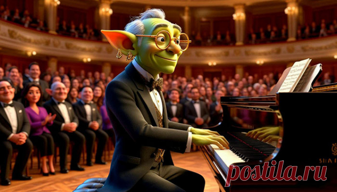 Прошли годы. Теперь этот самый гоблин восседал на сцене зала консерватории. В нарядном костюме-тройке, украшениях и золотых очках он уверенно играл перед многочисленной публикой. Когда последний аккорд замер в воздухе, зрители встали и разразились бурными аплодисментами. Маленький гоблин улыбнулся — путь от городских фонарей до сцены завершился триумфально.