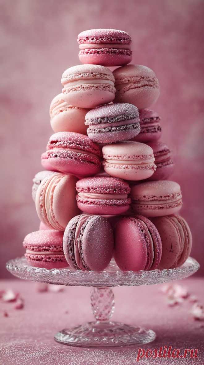 Розовый десерт: макаруны в изящной башне на стеклянном блюде. Картинка из нейросети Midjourney - Midjourney примеры промтов - Форум ИИ о нейросетях - Yes Ai