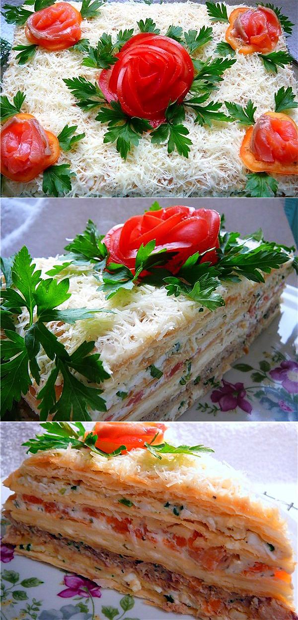 Мясной торт из слоеного теста