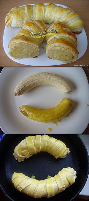 банан в тесте в духовке. бананы в слоеном тесте фото. бананы в тесте. банан шоколад и слоеное тесто. жареные бананы в тесте.