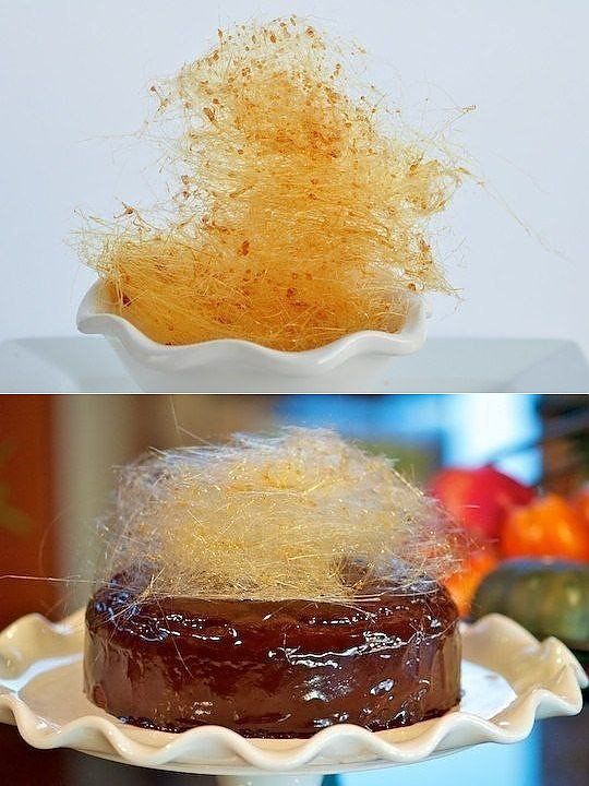 Украшение торта паутинкой из карамели